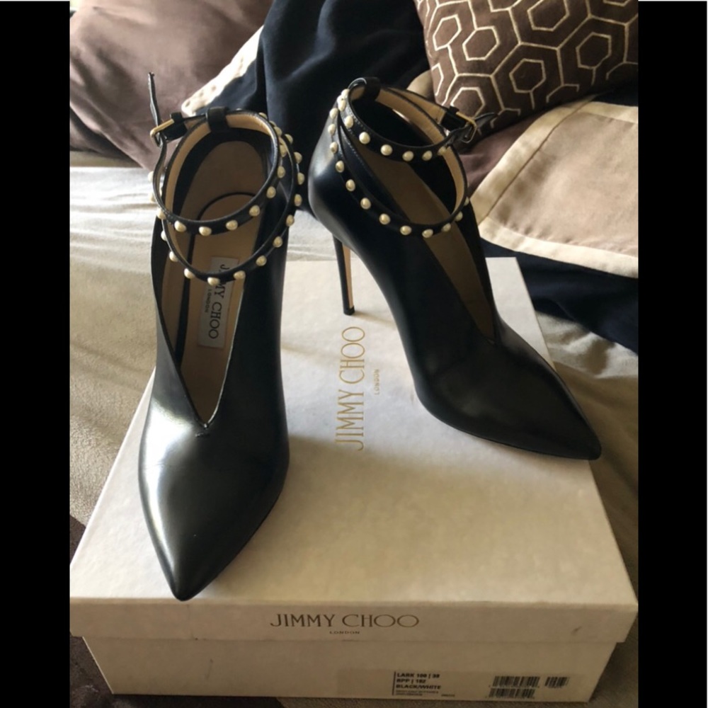 Jimmy Choo Lark 100 Black Leather Pearl Booties